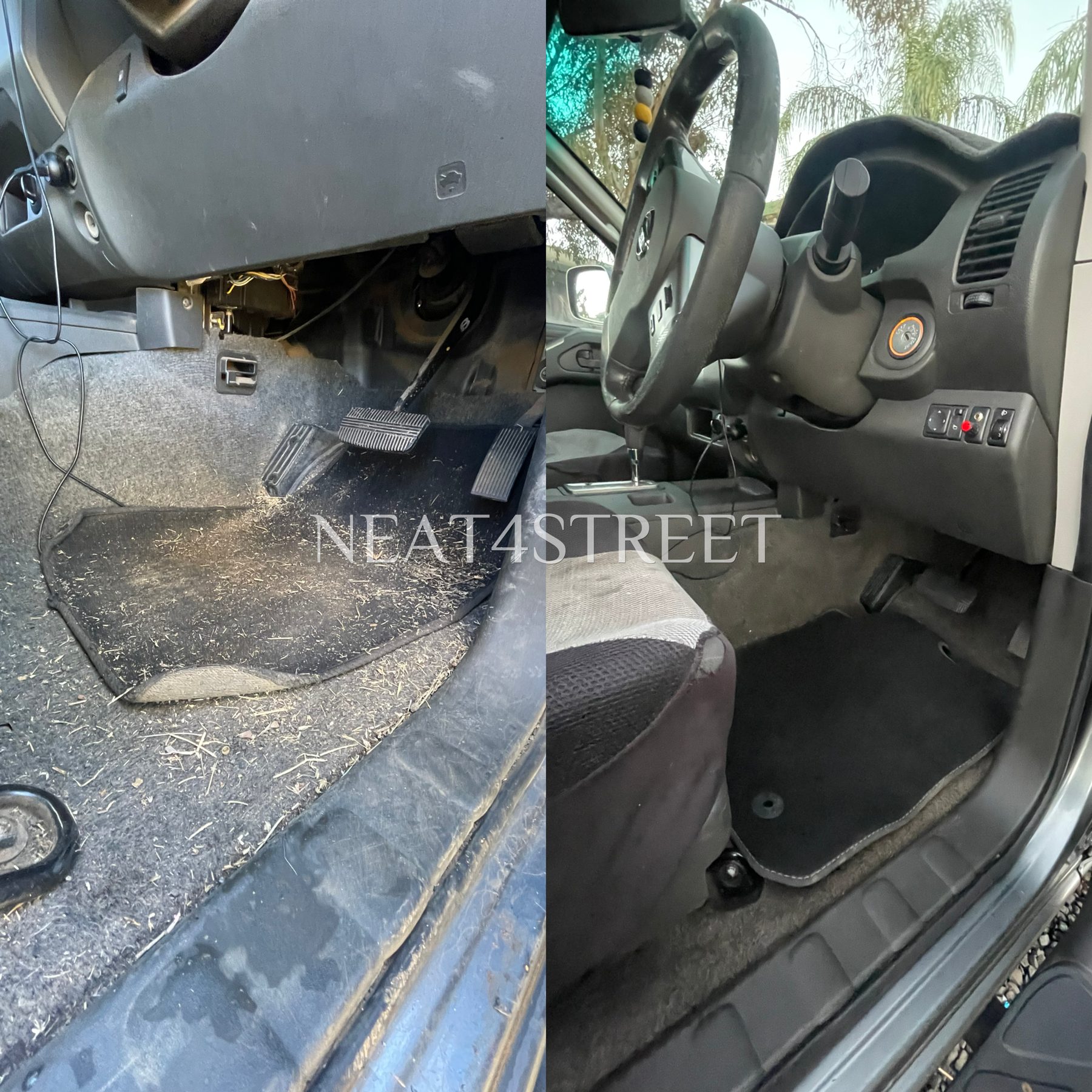 Before and after of a work ute footwell, straw and dirt on the left, clean mats and console on the right