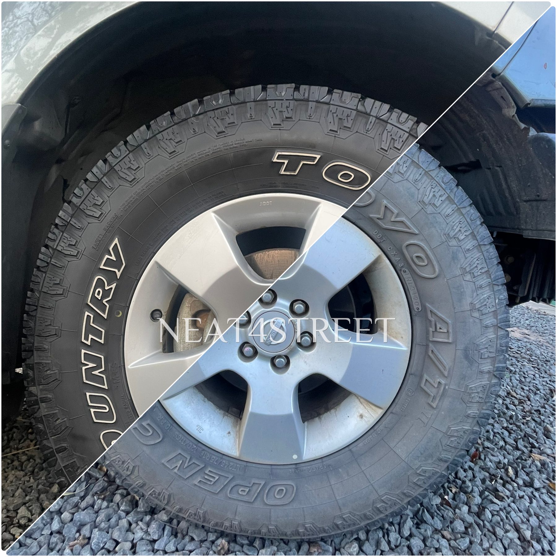Before and after of an alloy wheel and all terrain tyre, dull on the left, dressed and clean on the right