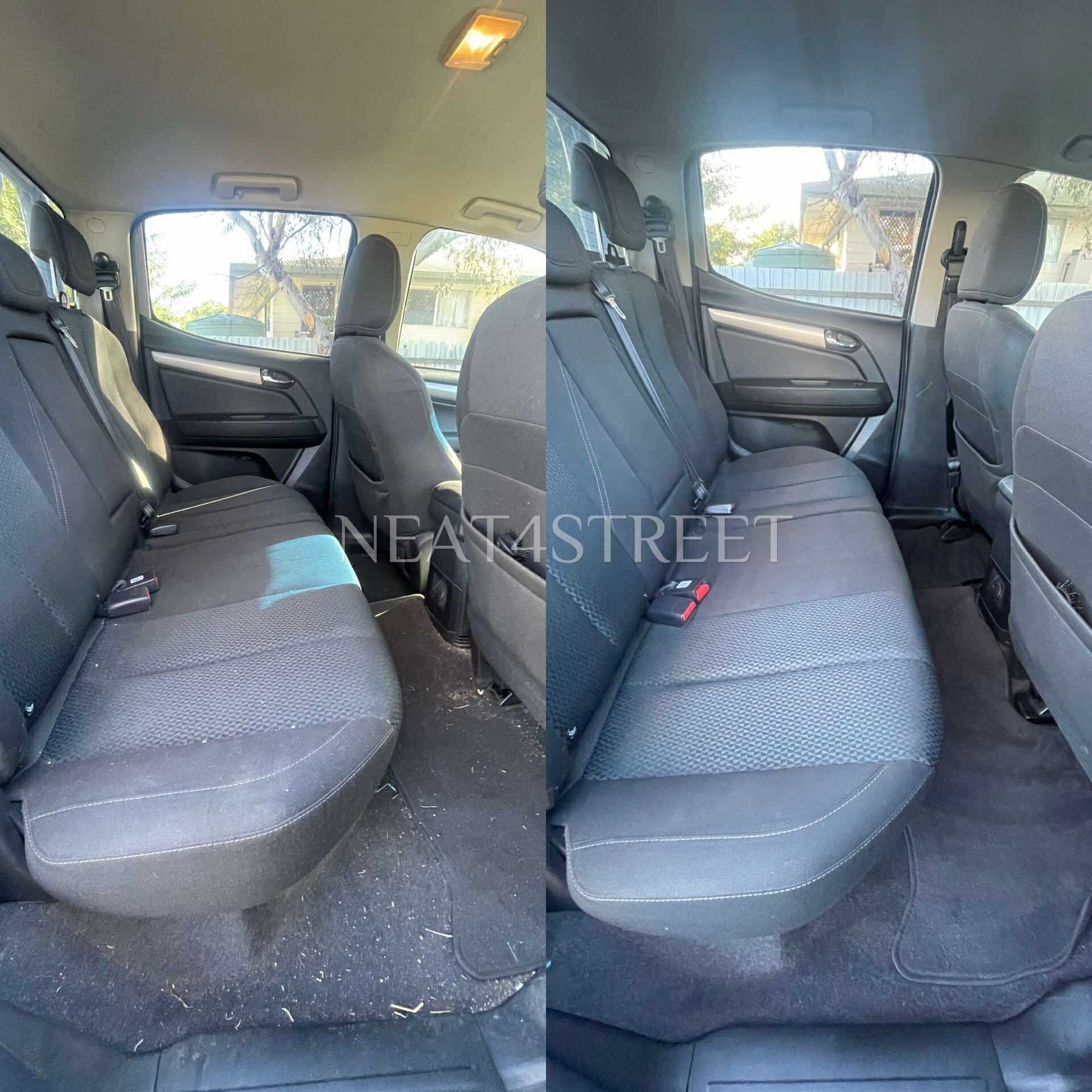 Before and after of a dual cab rear bench seat, debris on the left, immaculate on the right